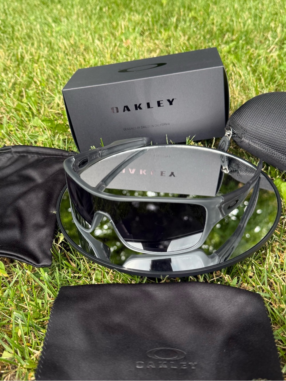 Oakley Gray Frame Black Lens Sport Wrap Sunglasses with Case